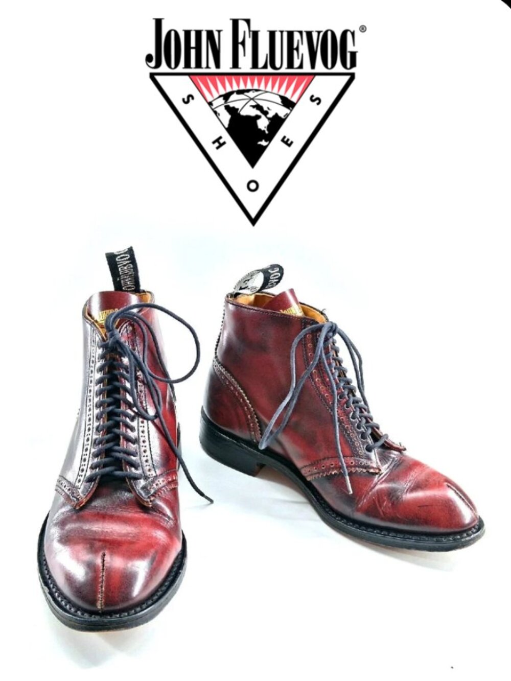 John Fluevog Burgundy Leather Brogue Wingtip Ankle Boots Pinked Lace UK5 US7